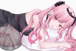 1girl black_choker black_nightgown black_scrunchie black_tiara blush breasts choker commentary earrings face_in_pillow fingernails hair_ornament hair_scrunchie hashtag-only_commentary highres hololive hololive_english jewelry large_breasts long_hair looking_at_viewer lying mori_calliope mori_calliope_(sleepwear) nail_polish nightgown open_mouth pillow pink_eyes pink_hair pink_nails scrunchie skull_choker skull_earrings skull_print solo teeth thighs tiara twintails virtual_youtuber white_background yuru._(m29125567)