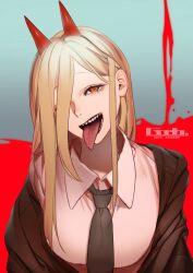1girl artist_request chainsaw_man formal_clothes horns long_tongue power_(chainsaw_man) sharp_teeth suit tagme teeth tongue tongue_out