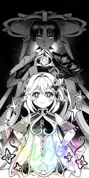 1boy 1girl armlet armor behind_another blunt_ends blush bracelet bridal_gauntlets cape caramelo_game cross-shaped_pupils detached_sleeves dress furisode gem genshin_impact glowing glowing_eyes greyscale hair_between_eyes hair_ornament half_crown_braid hands_on_own_hips hat heart heart_hair_ornament height_difference highres japanese_armor japanese_clothes jewelry jingasa kikouhou kimono kote layered_sleeves leaf leaf_hair_ornament long_hair looking_at_viewer monochrome nahida_(genshin_impact) open_clothes open_kimono own_hands_together parted_bangs parted_lips pointy_ears scaramouche_(genshin_impact) short_sleeves side_ponytail sidelocks smile split_mouth standing straight-on symbol-shaped_pupils tareme tsurime twitter_username vision_(genshin_impact) vortex wanderer_(genshin_impact) watermark wispy_bangs