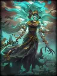 Rule 34 | 1girl, artist request, black dress, black nails, cliodhna (smite), dress, ghost, glowing, glowing eyes, holding, holding weapon, long hair, smite, solo, torn clothes, weapon