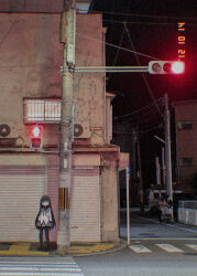 1girl air_conditioner akemi_homura akemi_homura_(magical_girl) black_thighhighs crosswalk looking_at_viewer magical_girl mahou_shoujo_madoka_magica mahou_shoujo_madoka_magica_(anime) night okai_(pixiv6333) outdoors photo_background solo thighhighs traffic_light
