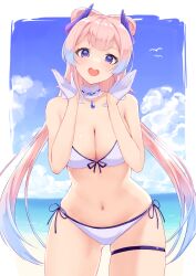 Rule 34 | 1girl, absurdres, alternate costume, bikini, blue hair, blue sky, border, breasts, choker, cleavage, cloud, cloudy sky, commentary request, cowboy shot, front-tie bikini top, front-tie top, genshin impact, gloves, gradient background, hair ornament, hands up, highres, horizon, long hair, looking at viewer, medium breasts, navel, ocean, open mouth, outside border, pink hair, purple eyes, sangonomiya kokomi, sazanka, side-tie bikini bottom, sky, smile, solo, standing, stomach, swimsuit, thigh strap, white bikini, white border, white choker, white gloves