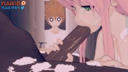 1girl 2boys 3d animated bathroom cheating_(relationship) cum cum_in_mouth dark-skinned_male dark_skin deepthroat fellatio interracial lala_satalin_deviluke multiple_boys netorare oral penis pink_hair self-upload soap_bubbles tagme to_love-ru to_love-ru_darkness uncensored video watching yuuki_rito yuukis
