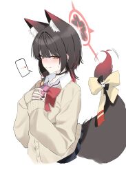 Rule 34 | ..., 1girl, alternate costume, alternate hairstyle, animal ear fluff, animal ears, black choker, black skirt, blue archive, blunt bangs, blush, bow, bowtie, brown cardigan, brown hair, cardigan, cellphone, choker, commentary, cropped legs, extra ears, eyeshadow, fingernails, fox ears, fox girl, fox tail, gyaru, halo, heart, highres, holding, holding phone, kogal, long sleeves, looking at viewer, makeup, mangpum (taro109210), miniskirt, multicolored hair, nail polish, open collar, own hands together, phone, red bow, red bowtie, red eyeshadow, red hair, school uniform, skirt, solo, spoken ellipsis, spoken heart, streaked hair, sweatdrop, tail, tail bow, tail ornament, tail under clothes, tail wagging, two-tone hair, wakamo (blue archive)