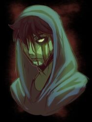 1boy black_background black_hair blood blood_from_forehead blood_on_face bloody_tears constricted_pupils cry_of_fear facial_hair facing_viewer goatee_stubble grey_hoodie hair_over_one_eye highres hood hood_up hoodie just_karmx portrait serious short_hair simon_henriksson_(book) solo stubble white_eyes