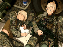 2girls assault_rifle at4 bad_id bad_pixiv_id blonde_hair blue_eyes bottle bullpup camouflage carbine cat gun knee_pads l85 machine_gun man-portable_anti-tank_systems marker military military_combat_uniform military_fatigues military_uniform military_vehicle multiple_girls original radio recoilless_gun rifle rocket_launcher sa80 shibafu_(glock23) sleeping slice_of_life smile squad_automatic_weapon union_jack unused_tire vehicle water_bottle weapon