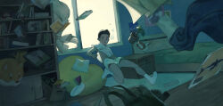 1boy air_bubble alarm_clock bean_bag bed blanket book bookshelf boxers bubble child choidomart clock cool_colored curtains floating food fruit highres interior male_underwear original picture_frame pillow plant plate poster_(object) potted_plant shirt short_hair socks stuffed_animal stuffed_toy underwater underwear watermelon white_shirt white_socks window