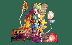 ! 1girl blue_skirt blue_vest bow brick_wall broken_wall closed_eyes closed_mouth collared_shirt commentary_request cookie_(touhou) daiyousei diyusi_(cookie) expressionless full_body green_background green_hair grey_shoes hair_bow high-visibility_clothing high-visibility_vest high_ponytail highres knee_pads loose_socks medium_hair no_symbol ponytail puffy_short_sleeves puffy_sleeves road_closed_to_vehicles_sign road_sign shirt shoes short_sleeves sign skirt skirt_set socks solo standing touhou traffic_barrier traffic_baton traffic_cone ukiwagirl vest warning_sign white_shirt white_socks yellow_bow