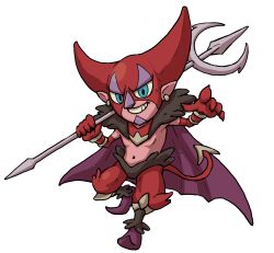 1boy blue_eyes cape colored_skin demon_boy demon_tail devibiran elbow_gloves full_body gloves grin highres holding holding_pitchfork looking_at_viewer official_art pants pink_skin pitchfork pointy_ears purple_cape purple_shoes red_gloves red_pants shoes simple_background smile solo tail third-party_source white_background youkai_(youkai_watch) youkai_watch
