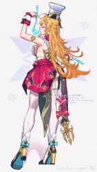 1girl absurdres arm_up armlet ass blonde_hair braid breasts chef_hat closed_eyes dated english_text escoffier_(genshin_impact) from_behind full_body garter_straps genshin_impact hat high_heels highres holding holding_knife instrument jewelry knife long_hair nmaywo signature skirt solo soup_ladle standing star_(symbol) thighhighs toque_blanche white_background white_thighhighs wrist_cuffs