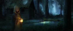 1girl brooch bucket building clasp cloak cowboy_shot dark energy expressionless fallen_tree female_focus flower forest glowing glowing_eyes grass hair_over_one_eye high_collar jewelry long_sleeves looking_at_viewer mailbox medallion moonbeam moonlight nature night original outdoors red_eyes scenery shack short_hair solo stream usada_yuh white_hair