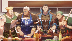 4boys apron bara blonde_hair camouflage camouflage_pants capcom character_request chopping cooking copyright_request crossover dedue_molinaro earrings feet_out_of_frame fire_emblem fire_emblem:_three_houses food food_request garreg_mach_monastery_uniform green_hair green_tank_top grilling guile holding holding_knife holding_sword holding_weapon indoors jewelry kitchen knife large_pectorals male_focus meat multiple_boys multiple_crossover muscular muscular_male nintendo one_piece onion pants pectoral_cleavage pectorals roronoa_zoro sample_watermark scar scar_across_eye scar_on_face short_hair standing street_fighter sword tank_top watermark weapon yuiofire
