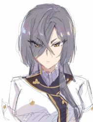 Rule 34 | 1girl, breasts, closed mouth, collar, grey hair, hair over one eye, long hair, looking at viewer, origami yukari, simple background, sketch, slit pupils, solo, toji no miko, upper body, white background, white collar, yellow eyes, yukikuma (yukikuma 018), yukikuma 017