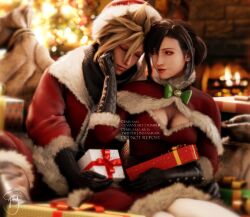 1boy 1girl 3d black_hair blonde_hair blurry blurry_background box breasts capelet christmas christmas_lights christmas_ornaments christmas_tree cleavage closed_eyes closed_mouth cloud_strife couple dress earrings emy-san final_fantasy final_fantasy_vii final_fantasy_vii_remake fur-trimmed_capelet fur-trimmed_headwear fur-trimmed_jacket fur-trimmed_sleeves fur_trim gift gift_box gloves hair_between_eyes hair_pulled_back hat highres holding holding_gift indian_style indoors jacket jewelry large_breasts long_hair looking_at_viewer pom_pom_(clothes) red_capelet red_eyes red_headwear red_jacket red_lips santa_costume santa_dress santa_hat signature single_earring sitting spiked_hair square_enix swept_bangs teardrop_earrings tifa_lockhart watermark