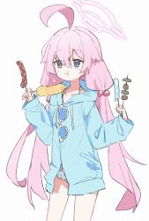 1girl :t ahoge bikini bikini_under_clothes blue_archive blue_eyes blue_jacket corn eating eyewear_hang food frilled_bikini frills hair_between_eyes hair_ornament halo heterochromia highres holding holding_food hoshino_(blue_archive) hoshino_(swimsuit)_(blue_archive) hot_dog jacket long_hair official_alternate_costume pink_hair popsicle skewer solo sunglasses swimsuit swimsuit_under_clothes twintails unworn_eyewear very_long_hair wagashi928 white_background white_bikini yellow_eyes