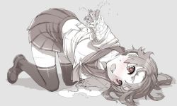 1girl amputee android_girl_(itou) blush broken_arm double_amputee female_focus grey_background injury itou_(onsoku_tassha) jacket joints limited_palette mechabare neckerchief oil open_clothes open_jacket pleated_skirt red_eyes robot_joints school_uniform serafuku shirt short_sleeves simple_background skirt solo spot_color stain sweatdrop tearing_up tears teeth thighhighs top-down_bottom-up upper_teeth_only