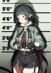 Rule 34 | 1girl, animal ears, black gloves, black hair, black shorts, commentary request, fingerless gloves, fingernails, fur-trimmed jacket, fur trim, gloves, gradient hair, green eyes, green hair, green jacket, haishima xv, highres, jacket, jane doe (zenless zone zero), long hair, looking to the side, midriff, mouse ears, mouse girl, multicolored hair, nail polish, red nails, shorts, solo, tail, zenless zone zero