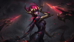 Rule 34 | 1girl, absurdres, arm armor, arm up, ass, black bodysuit, bodysuit, breasts, claws, cowboy shot, crown, demon girl, earrings, evelynn (league of legends), facial mark, fog, gauntlets, glowing, glowing eyes, hair ornament, highres, jewelry, lashers, league of legends, lipstick, looking at viewer, makeup, medium breasts, nightbringer evelynn (league of legends), non-web source, official alternate costume, official art, ornate clothes, purple lips, red eyes, red hair, short hair, smile, solo, sparks, standing