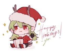 1girl :3 antlers black_gloves box braid chibi chibi_only deer_tail full_body gift gift_box gloves green_hair happy_holidays hat horns kemonomimi_mode long_hair looking_at_viewer original red_eyes reindeer_antlers santa_costume santa_hat scarf simple_background sitting solo tail waving white_background white_scarf yoimon