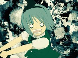 1girl animated animated_gif artist_request attack black_hairband black_ribbon collared_shirt crazy female_focus green_background grey_hair hair_ribbon hairband holding holding_weapon katana konpaku_youmu konpaku_youmu_(ghost) o_o ribbon sharp_teeth shirt short_hair slashing solo standing swinging sword teeth touhou upper_body vest weapon