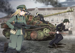 Rule 34 | 4girls, assault rifle, blonde hair, blue eyes, breasts, brick road, caterpillar tracks, commentary request, commission, day, grey hair, gun, hat, highres, house, kriegsmarine, long hair, military, military hat, military uniform, military vehicle, motor vehicle, multiple girls, original, panther (tank), pixiv commission, rifle, saitou kaoru (nashorn), short hair, sky, smoke, stg44, tank, weapon, window, world war ii