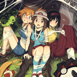 1other 3girls arms_behind_back bdsm black_gloves black_hair blue_eyes blue_shorts blue_socks blush bondage bound bound_ankles bound_arms bound_legs bound_torso breasts brown_eyes brown_hair bug cad_(caddo) caterpie crop_top erika_(pokemon) gen_1_pokemon gloves hairband hakama hat highres holding holding_poke_ball japanese_clothes kimono leaf_(pokemon) long_hair looking_at_viewer medium_breasts midriff miniskirt misty_(pokemon) multiple_girls nintendo orange_hair out_of_frame poke_ball poke_ball_(basic) pokemon pokemon_(creature) pokemon_frlg porkpie_hat red_hairband red_hakama red_skirt restrained shirt short_hair shorts side_ponytail silk skirt sleeveless sleeveless_shirt socks spider_web tabi team_rocket white_socks yellow_bag yellow_kimono