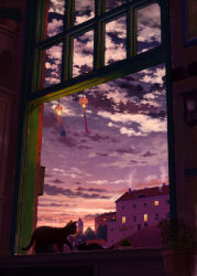 absurdres animal brick_wall building cat chimney cloud commentary_request gradient_sky highres indoors key no_humans orange_sky original pei_(sumurai) picture_frame plant potted_plant purple_sky scenery sky twilight wind_chime window