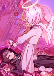 Rule 34 | 2girls, absurdres, aiming, angel, angel wings, at gunpoint, black hair, black sailor collar, black serafuku, black shirt, black skirt, blue eyes, feathered wings, gun, halftone, halo, heart, highres, holding, holding gun, holding weapon, kagenoyuhi, kneeling, lock, long sleeves, looking at another, lying, multiple girls, open mouth, original, padlock, sailor collar, school uniform, serafuku, shirt, signature, skirt, socks, traditional halo, weapon, white hair, white serafuku, white shirt, white skirt, white socks, wings
