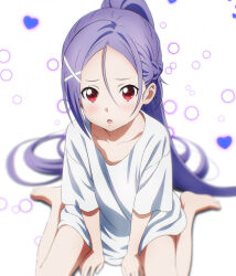 1girl absurdly_long_hair absurdres age_regression aged_down barefoot braid child commentary_request forehead full_body hair_between_eyes hair_ornament half_up_braid heart high_ponytail highres light_blush long_hair looking_at_viewer mito_(sao) nuguri444 open_mouth oversized_clothes oversized_shirt ponytail purple_hair red_eyes shirt short_sleeves simple_background sitting solo sword_art_online sword_art_online_progressive very_long_hair wariza white_background white_shirt x_hair_ornament