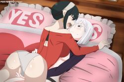 2girls ass assassin assisted_masturbation bed black_hair blush censored clothed_sex clothing_aside female_focus fingering fiona_frost heart heart-shaped_pupils huge_ass kurigamikun lying_on_person masturbation mosaic_censoring multiple_girls on_bed open_mouth panties panties_aside heavy_breathing pussy pussy_juice saliva screaming short_hair spy spy_x_family symbol-shaped_pupils underwear white_hair yor_briar yuri