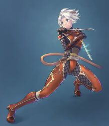 1girl absurdres adventurer_(ff11) animal_ear_fluff animal_ears armor black_gloves blue_background blue_eyes breasts brown_tail cactus41747280 cat_ears cat_girl cat_tail closed_mouth dual_wielding final_fantasy final_fantasy_xi fishnets frown full_body gloves hair_intakes highres holding medium_breasts ninja ninja_(final_fantasy) red_armor short_hair solo tail tiptoes white_hair