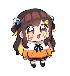 1girl absurdres bell black_skirt blonde_hair brown_eyes brown_hair chibi crying full_body hair_bell hair_ornament highres hood hood_down hoodie hyem0ng jingle_bell long_hair long_sleeves multicolored_hair open_mouth pleated_skirt simple_background skirt solo standing tam_tambourine tears two-tone_hair two_side_up virtual_youtuber white_background