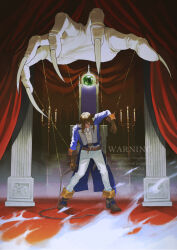1boy ankle_boots belt blue_coat boots brown_footwear brown_gloves brown_hair candelabra candlestand castlevania:_symphony_of_the_night castlevania_(series) coat curtains dagger disembodied_hand fingernails gem gloves highres holding holding_whip knife long_fingernails long_hair nakano_kaworu pants pillar puppet puppet_strings red_carpet richter_belmont sharp_fingernails stairs tailcoat throne weapon whip white_pants