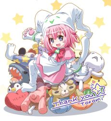 1girl 2000s_(style) :d animal_hands apron arm_support artist_name asymmetrical_legwear blue_eyes blue_thighhighs blush_stickers borrowed_character bow bowtie bracelet commentary_request commission dress emoticon fang full_body gen_7_pokemon gloves hat highres jester_cap jewelry kaomoji looking_at_viewer mascot medium_hair mimikyu mismatched_legwear moe-chan_(moechannel) moechannel nintendo open_mouth paw_gloves paw_shoes pink_dress pink_hair pokemon print_thighhighs puffy_short_sleeves puffy_sleeves red_bow red_bowtie short_sleeves skeb_commission skin_fang smile solo star_(symbol) star_in_eye star_print star_symbol_background stuffed_animal stuffed_chicken stuffed_shark stuffed_toy symbol_in_eye thank_you thighhighs toromi_(toromix2) white_apron white_footwear white_gloves white_hat white_thighhighs yellow_background
