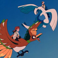 Rule 34 | 2boys, :d, backwards hat, bird, black pants, day, ethan (arc suit) (pokemon), ethan (pokemon), flying, gen 2 pokemon, grin, hashtag-only commentary, hat, highres, ho-oh, jacket, legendary pokemon, long hair, lugia, male focus, multiple boys, nintendo, official alternate costume, open mouth, outdoors, pants, pokemon, pokemon (creature), pokemon masters ex, red hair, riding, riding pokemon, silver (arc suit) (pokemon), silver (pokemon), sitting, sky, smile, teeth, tyako 089, white jacket