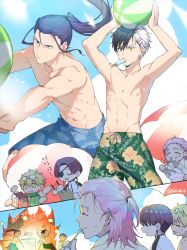 Rule 34 | 5boys, arms up, ball, beach umbrella, beachball, black hair, blonde hair, blue hair, blue pants, ear piercing, earrings, eyepatch, face piercing, green pants, hair ornament, heterochromia, highres, jewelry, kiryuu mitsuki, multicolored hair, multiple boys, nirei akihiko, no shirt, open mouth, outdoors, pants, piercing, pink hair, ponytail, sakura haruka (wind breaker), shirt, short hair, smile, soul (tamashii), split-color hair, sugishita kyoutarou, suo hayato, tassel, tassel earrings, umbrella, v-shaped eyebrows, white hair, white shirt, wind breaker (nii satoru), yellow eyes