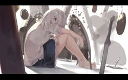 1girl alternate_costume blue_eyes embodiment_of_scarlet_devil gears grey_hair hair_over_eyes highres izayoi_sakuya knife looking_at_viewer medium_hair no_headwear sashimi_oniku shirt sitting skirt solo tagme touhou white_background