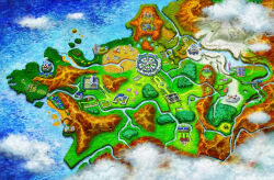anistar_city artist_request bridge building city cloud copyright_name forest fountain grass hedge highres house island kalos_map lava lumiose_city map map_(medium) nature nintendo no_humans official_art pokemon pokemon_xy prism_tower river rock snow third-party_source town turbine