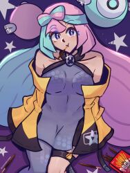1girl blue_hair bow-shaped_hair breasts character_hair_ornament collarbone creatures_(company) food food_in_mouth game_freak grey_pantyhose hair_ornament hexagon_print highres iono_(pokemon) jacket long_hair low-tied_long_hair lunatuneflowers multicolored_hair nintendo oversized_clothes pantyhose pink_hair pocky pocky_day pocky_in_mouth pokemon pokemon_sv single_leg_pantyhose sleeveless sleeves_past_fingers sleeves_past_wrists solo split-color_hair unzipped very_long_sleeves x yellow_jacket