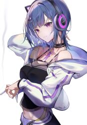 1girl alicecoco animal_ear_headphones animal_ears belt black_camisole black_choker black_skirt blue_hair breasts camisole cat_ear_headphones choker cigarette closed_mouth collared_shirt crop_top fake_animal_ears fate_(series) hair_ornament hairclip headphones highres holding holding_cigarette hood hooded_jacket jacket koshimizu_toru koshimizu_toru_(1st_costume) looking_at_viewer medium_breasts mole mole_under_eye navel nijisanji official_alternate_costume purple_eyes shirt short_hair simple_background skirt smile smoking solo triangle_hair_ornament virtual_youtuber white_background white_belt white_jacket