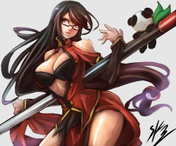 1girl :&lt; bare_shoulders blazblue breasts chinese_clothes cleavage contrapposto detached_sleeves female_focus glasses hair_down halterneck holding_behind_back holding_polearm holding_polearm_behind_back holding_weapon holding_weapon_behind_back lao_jiu large_breasts litchi_faye_ling long_hair low-tied_long_hair panda polearm red_eyes semi-rimless_eyewear solo sowel_(sk3) staff standing under-rim_eyewear very_long_hair yin_yang