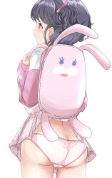 1girl animal_bag ass back backpack bag black_hair bow butt_crack clothes_lift cowboy_shot from_behind fukumaru_koito hair_bow hair_ribbon highres holding_strap idolmaster idolmaster_shiny_colors jacket long_sleeves looking_at_another machismo_fuji open_mouth panties pantyshot pink_bag pink_jacket pink_panties pink_ribbon pink_skirt plaid_clothes plaid_skirt pleated_skirt purple_eyes rabbit_bag ribbon short_hair simple_background skirt skirt_caught_on_object skirt_lift solo standing twintails underwear white_background