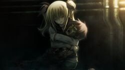 1boy 1girl arimura_hinae arms_around_neck bags_under_eyes black_bow black_pantyhose black_ribbon black_theme black_vest blonde_hair blood blood_on_clothes blue_hair blue_shorts bow brown_shoes chaos;child closed_eyes colored_skin corpse dark decay dirty exhausted game_cg green_skin hair_between_eyes hair_bow hekiho_academy hekiho_academy_uniform highres holding hood hooded_vest hoodie hug jacket lapels light_particles long_hair long_sleeves miyashiro_takuru multiple_hair_bows necktie non-web_source notched_lapels official_art open_mouth pantyhose pantyhose_under_shorts pink_lips red_necktie ribbon rotten rotting sasaki_mutsumi school_emblem sewer shiny_lips shirt shoes shorts sidelocks sleeves_past_wrists solo striped_sleeves teeth tongue tube vest white_shirt wide-eyed