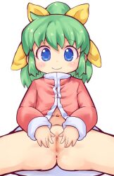 1girl anus blue_eyes bottomless bow censored closed_mouth futaba_channel green_hair hair_bow highres jacket loli long_sleeves looking_at_viewer medium_hair mosaic_censoring navel pink_jacket ponytail pussy sakurabe_notos simple_background sitting smile solo spread_legs wagahai_hakase white_background yellow_bow