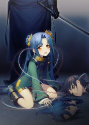 Rule 34 | 1boy, 3girls, blue hair, chuuou higashiguchi, coat, cyborg, decapitation, double bun, dress, hair bun, holding, holding sword, holding weapon, katana, kikokugai, kong ruili, kong taoluo, long hair, looking at viewer, multiple girls, nishii (damnedrive), official art, orange eyes, panties, panty peek, smile, solo focus, sword, textless version, twintails, underwear, very long hair, weapon, wire, yellow eyes