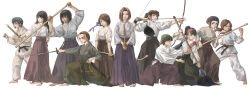 6+girls aikidou archery arrow_(projectile) barefoot black_hair blue_eyes bow_(weapon) brown_eyes brown_hair calligraphy_brush dougi fighting_stance giant_brush gloves hakama hakama_skirt headband highres iaidou japanese_clothes joudou judo juukendou karate karate_gi katana kendo kyuudou lips long_hair long_image martial_arts mole multiple_girls muneate naginatadou on_one_knee original otsu_natsu paintbrush partially_fingerless_gloves partly_fingerless_gloves ponytail ready_to_draw sheath shinai short_hair short_shinai sidelocks simple_background skirt staff sword tankendou twintails weapon white_background wide_image yugake