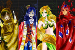 1990s_(style) 1girl 3boys absurdly_long_hair bad_anatomy barbariccia bikini blonde_hair cagnazzo cloak crown final_fantasy final_fantasy_iv green_eyes hat hood loincloth long_hair multiple_boys poorly_drawn rubicante scarmiglione swimsuit very_long_hair