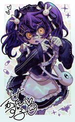 1girl animal_bag apron bandaid bandaid_on_face bandaid_on_nose black_bow bow genderswap genderswap_(mtf) ghostcrown hair_bow hair_ornament hairpin heart heart_hands highres jacket jersey_maid kazuya_seto long_hair long_sleeves looking_at_viewer maid maid_day open_mouth purple_hair rabbit_bag setoya0102 signature solo sparkle track_jacket twintails unconventional_maid virtual_youtuber waist_apron x_hair_ornament yellow_eyes