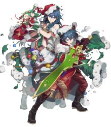 1boy 1girl bare_shoulders black_footwear black_gloves blue_eyes blue_hair brooch female_byleth_(fire_emblem) female_byleth_(frosty_professor)_(fire_emblem) male_byleth_(fire_emblem) male_byleth_(frosty_professor)_(fire_emblem) cape character_doll damaged doll dual_persona fire_emblem fire_emblem:_three_houses fire_emblem_heroes fur-trimmed_cape fur_trim gloves green_cape hat highres holding holding_sword holding_weapon holly jewelry medium_hair midriff navel nintendo non-web_source official_alternate_costume official_art pantyhose parted_lips red_cape santa_costume santa_hat simple_background sothis_(fire_emblem) suzuki_iori sword torn_clothes weapon white_background white_footwear white_gloves