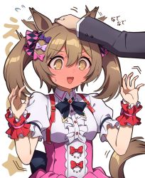 1boy 1girl @_@ animal_ears back_bow black_bow black_bowtie blush bow bowtie brown_eyes brown_hair center_frills collared_shirt corset frilled_cuffs frilled_sleeves frills full-face_blush hair_bow hand_on_another&#039;s_head headpat highres horse_ears horse_girl horse_tail puffy_short_sleeves puffy_sleeves purple_corset red_wrist_cuffs sha_(siasha0104) shirt short_hair short_sleeves short_twintails sleeve_cuffs smart_falcon_(umamusume) sweatdrop tail trainer_(umamusume) twintails umamusume white_shirt wrist_cuffs